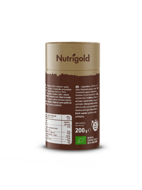 Nutrigold organska kakao pasta/masa u kartonskom cilindričnom pakiranju od 200g