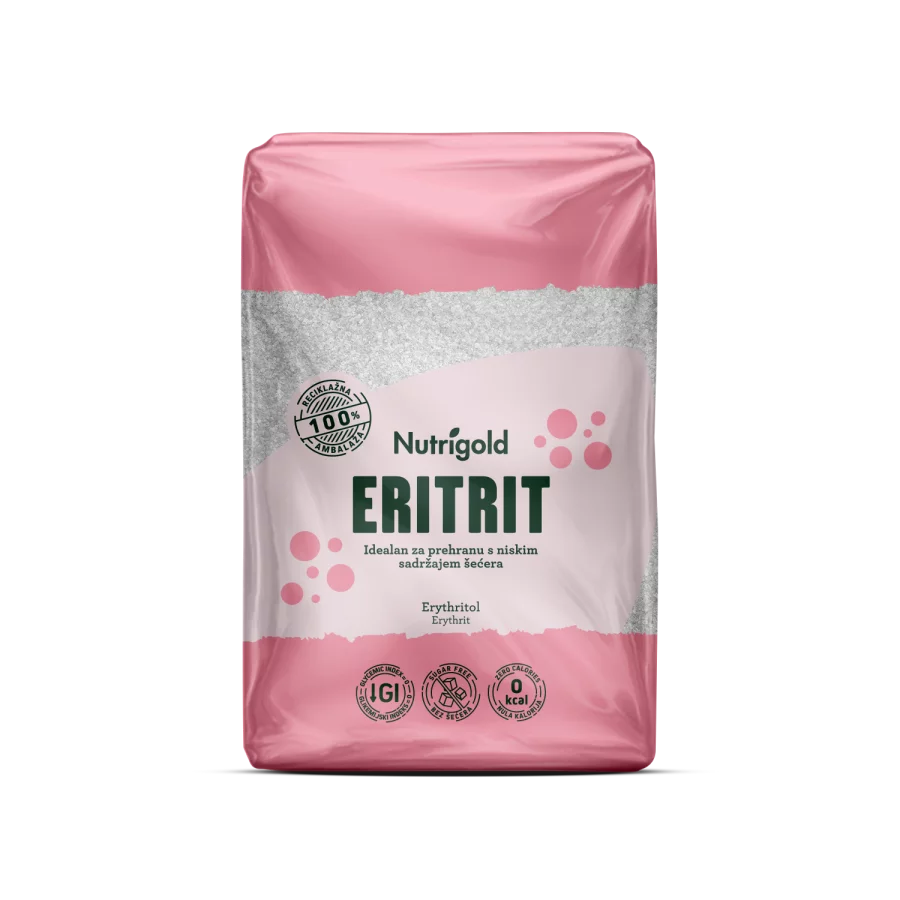 Nutrigold eritrit prirodni zaslađivač u prozirnoj plastičnoj ambalaži 1000g