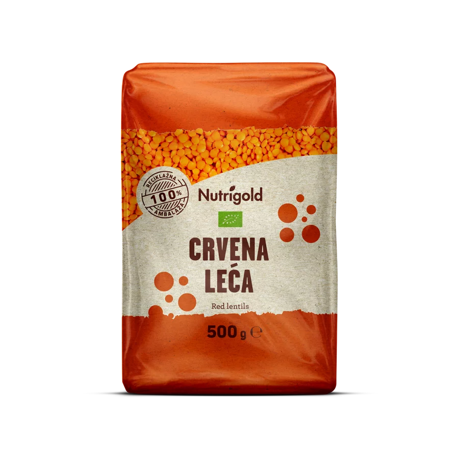 Nutrigold Leća crvena - Organska u prozirnoj plastičnoj ambalaži 500g
