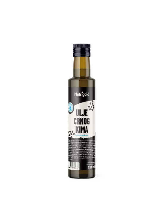 Nutrigold ulje crnog kima u tamnoj, staklenoj ambalaži od 250ml.