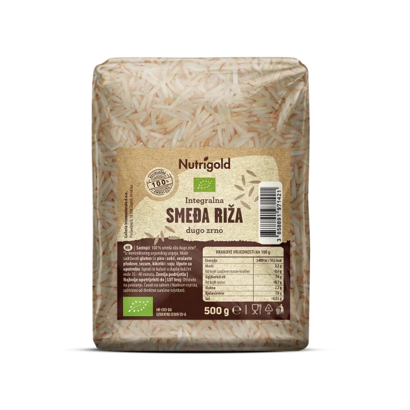 Nutrigold smeđa riža dugog zrna u plastičnoj, prozirnoj ambalaži od 500g.