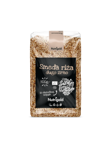 Nutrigold smeđa riža dugog zrna u plastičnoj, prozirnoj ambalaži od 500g.