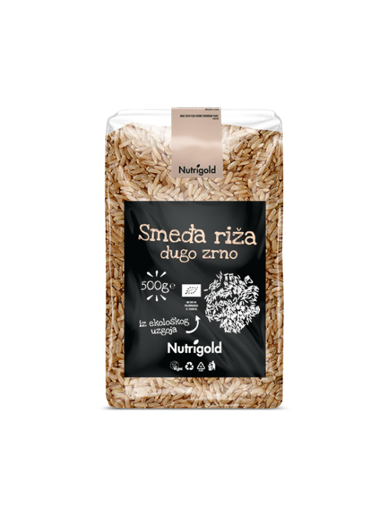 Nutrigold smeđa riža dugog zrna u plastičnoj, prozirnoj ambalaži od 500g.