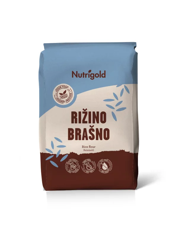 Nutrigold rižino brašno u smeđoj, papirnatoj ambalaži od 1000g.