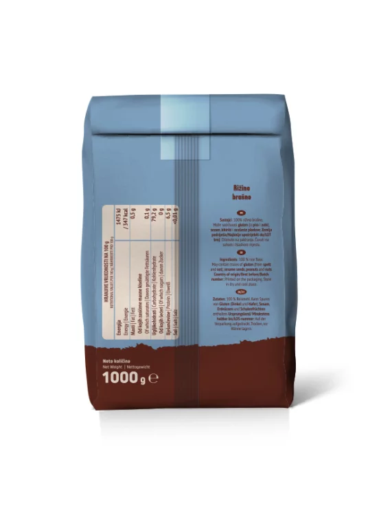 Nutrigold rižino brašno u smeđoj, papirnatoj ambalaži od 1000g.