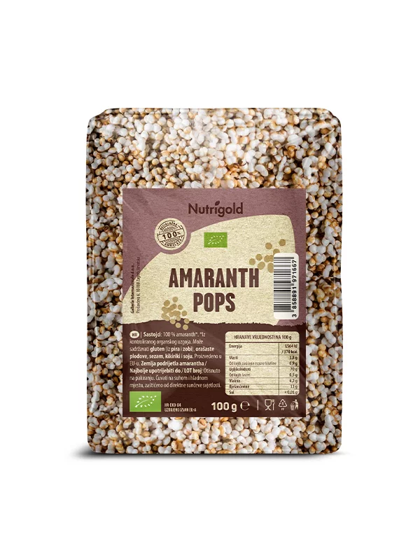 Nutrigold Amaranth pops u prozirnoj ambalaži od 100 grama.