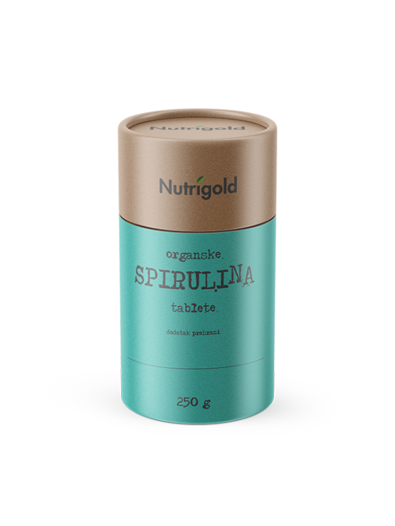 Nutrigold spirulina tablete u zelenoj, kartonskoj ambalaži od 250g.