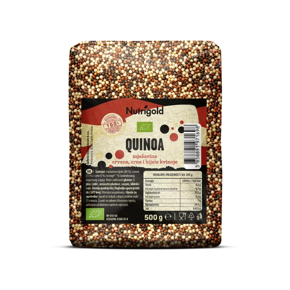 Nutrigold quinoa "tricolor" dolazi u prozirnom, plastičnom pakiranju od 500g.