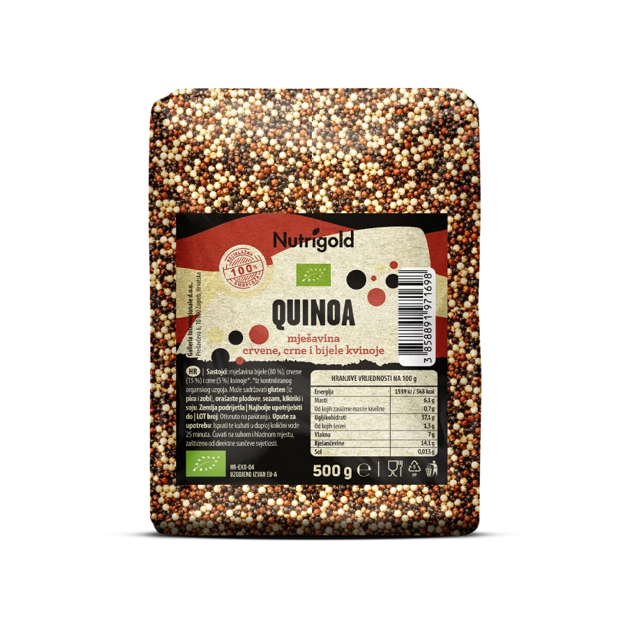 Nutrigold quinoa "tricolor" dolazi u prozirnom, plastičnom pakiranju od 500g.