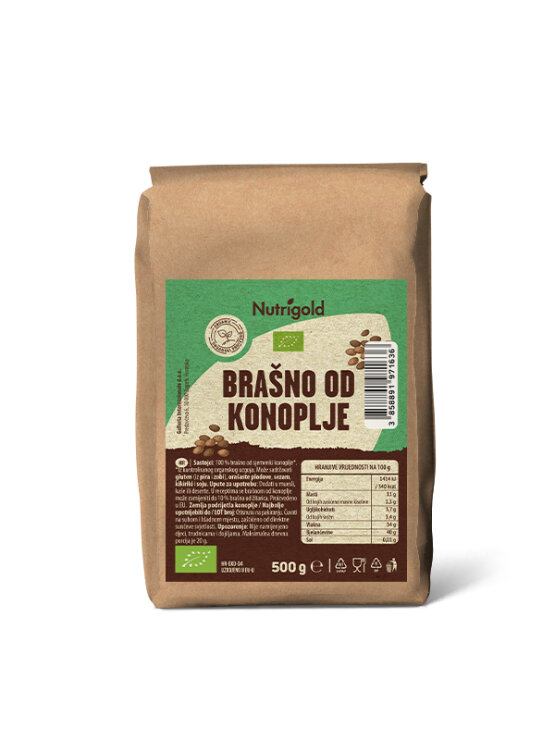 Nutrigold brašno od konoplje iz certificiranog organskog uzgoja u smeđoj papirnatoj ambalaži od 500 grama