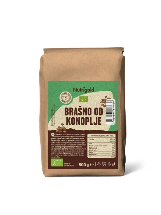 Nutrigold brašno od konoplje iz certificiranog organskog uzgoja u smeđoj papirnatoj ambalaži od 500 grama