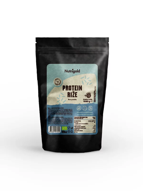 Nutrigold rižin protein u crnom, plastičnom pakiranju od 1000g.