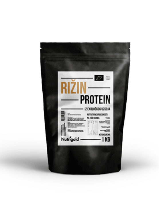 Nutrigold rižin protein u crnom, plastičnom pakiranju od 1000g.