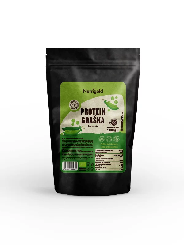 Organski Nutrigold protein graška u crnoj plastičnoj ambalaži od 1000 grama.