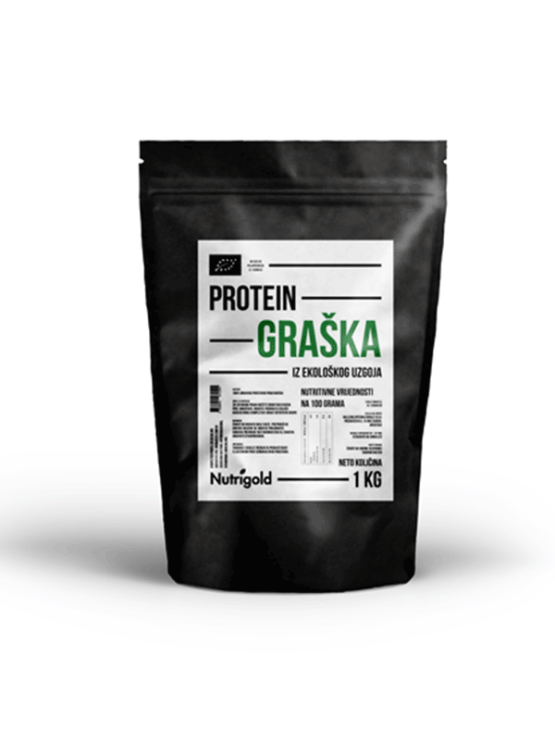 Organski Nutrigold protein graška u crnoj plastičnoj ambalaži od 1000 grama.