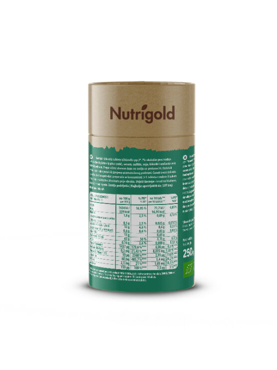 Nutrigold organske chlorella tablete u zelenoj tubastoj ambalaži od 250g