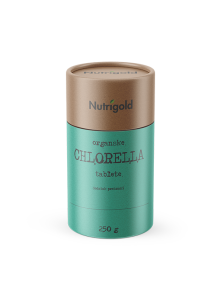 Nutrigold organske chlorella tablete u zelenoj tubastoj ambalaži od 250g