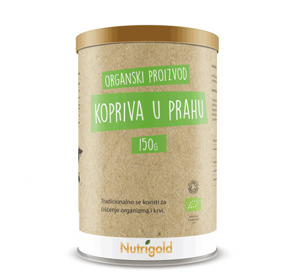 Nutrigold kopriva u prahu iz certificiranog organskog uzgoja u smeđoj posudi od 150 grama.