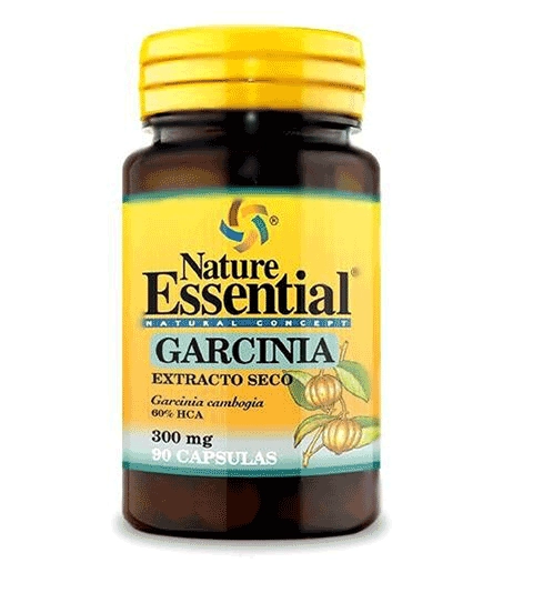 Nature Essential garcinia tablete u staklenoj smeđoj ambalaži s žutim omotom.