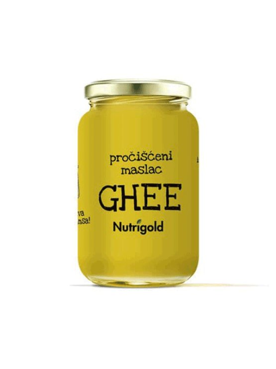 Ghee pročišćeni maslac u prozirnoj, staklenoj ambalaži od 500g.