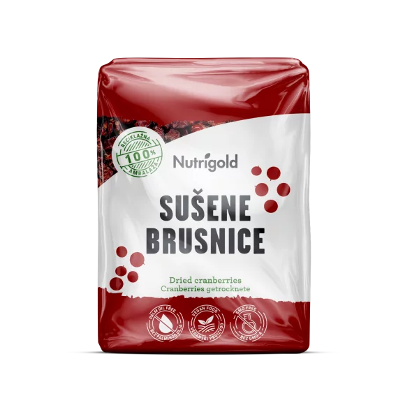 Nutrigold sušene brusnice u prozirnom, plastičnom pakiranju od 500g.