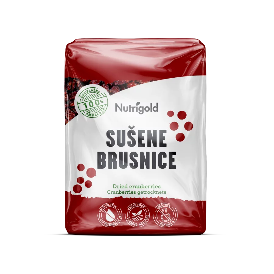 Nutrigold sušene brusnice u prozirnom, plastičnom pakiranju od 500g.