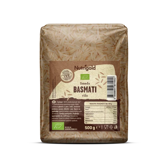 Nutrigold organska smeđa basmati riža u prozirnoj plastičnoj vrećici 500 grama