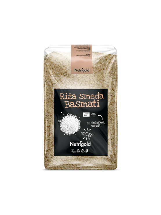 Nutrigold organska smeđa basmati riža u prozirnoj plastičnoj vrećici 500 grama