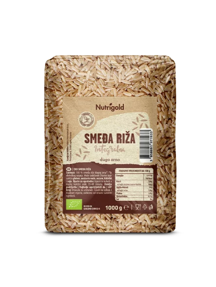 Nutrigold organska smeđa riža dugog zrna u prozirnom, plastičnom pakiranju od 1000g.