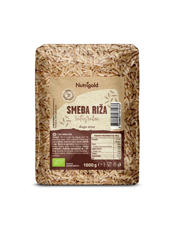 Nutrigold organska smeđa riža dugog zrna u prozirnom, plastičnom pakiranju od 1000g.