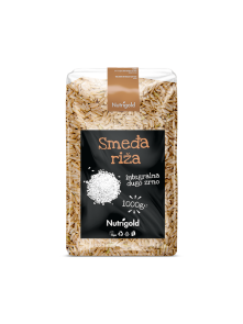Nutrigold smeđa riža dugog zrna u prozirnom, plastičnom pakiranju od 1000g.