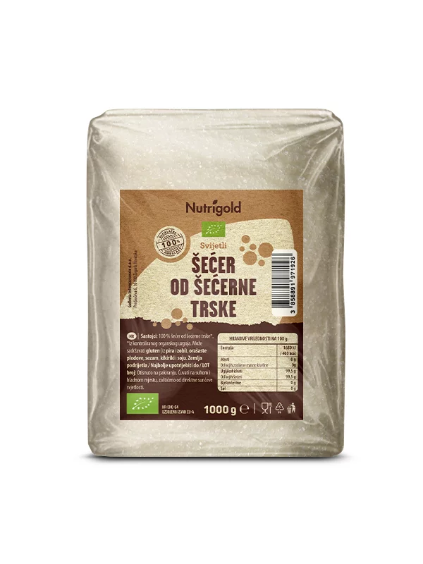 Svijetlo smeđi Nutrigold šećer od šećerne trske u prozirnoj, plastičnoj ambalaži od 1000 grama.