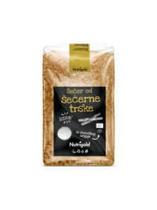 Svijetlo smeđi Nutrigold šećer od šećerne trske u prozirnoj, plastičnoj ambalaži od 1000 grama.