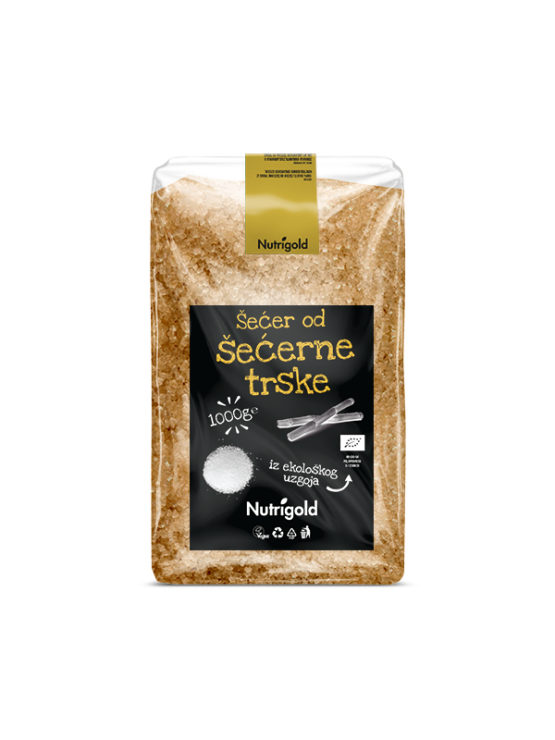 Svijetlo smeđi Nutrigold šećer od šećerne trske u prozirnoj, plastičnoj ambalaži od 1000 grama.