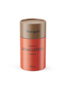 Nutrigold Ashwagandha prah u narančastoj ambalaži od 200g sa poklopcem