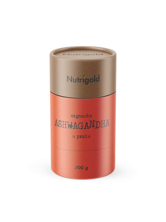 Nutrigold Ashwagandha prah u narančastoj ambalaži od 200g sa poklopcem