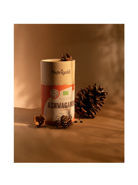 Nutrigold Ashwagandha prah u narančastoj ambalaži od 200g sa poklopcem