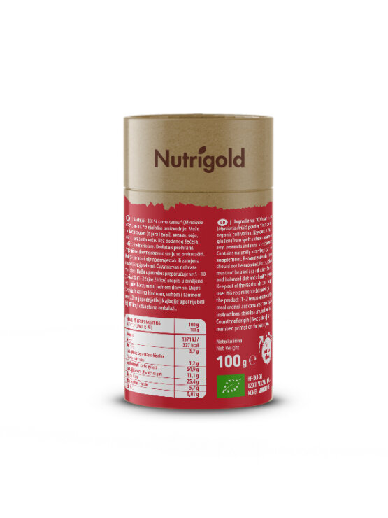 Nutrigold organski camu camu prah u crvenoj tubastoj ambalaži od 100 grama