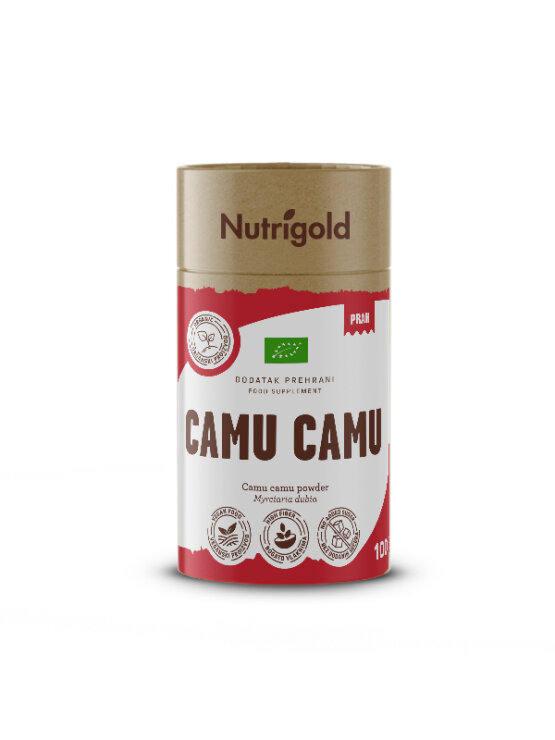 Nutrigold organski camu camu prah u crvenoj tubastoj ambalaži od 100 grama