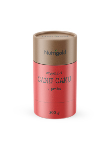 Nutrigold organski camu camu prah u crvenoj tubastoj ambalaži od 100 grama