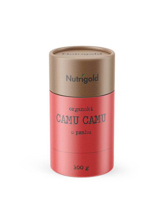 Nutrigold organski camu camu prah u crvenoj tubastoj ambalaži od 100 grama