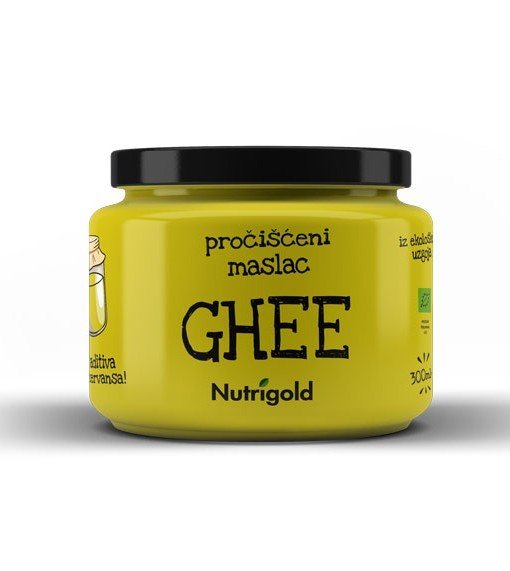 Nutrigold Ghee maslac u prozirnoj, staklenoj ambalaži od 300g.