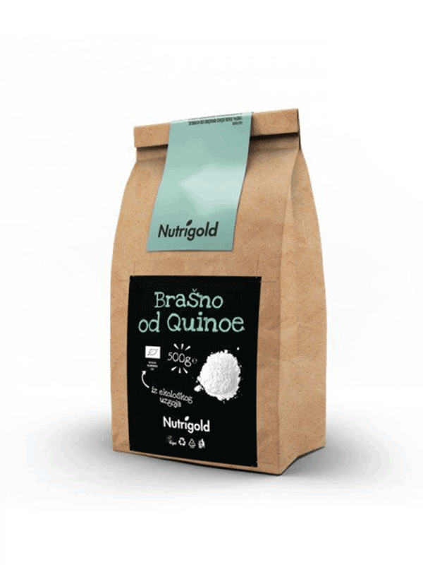 Nutrigold brašno od quinoe iz certificirnog organskog uzgoja u papirnatoj ambalaži od 500 grama.