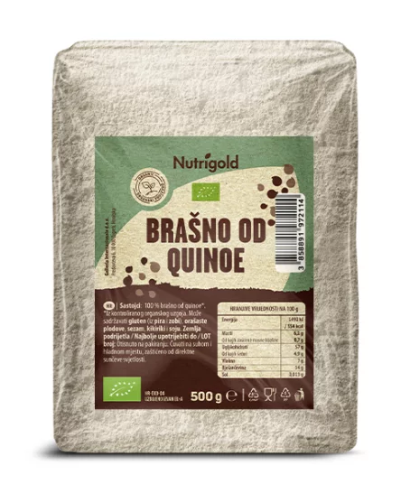 Nutrigold brašno od quinoe iz certificirnog organskog uzgoja u papirnatoj ambalaži od 500 grama.