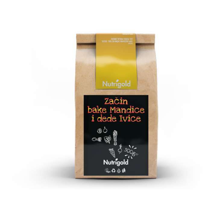 Nutrigold zdrava mješavina začina bake Mandice i dedeIvice u smeđoj, kartonskoj ambalaži od 500g.