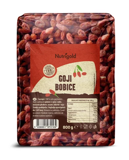 Nutrigold crvene goji bobice u plastičnoj, prozirnoj ambalaži od 800 grama.