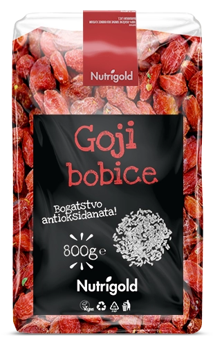 Nutrigold crvene goji bobice u plastičnoj, prozirnoj ambalaži od 800 grama.