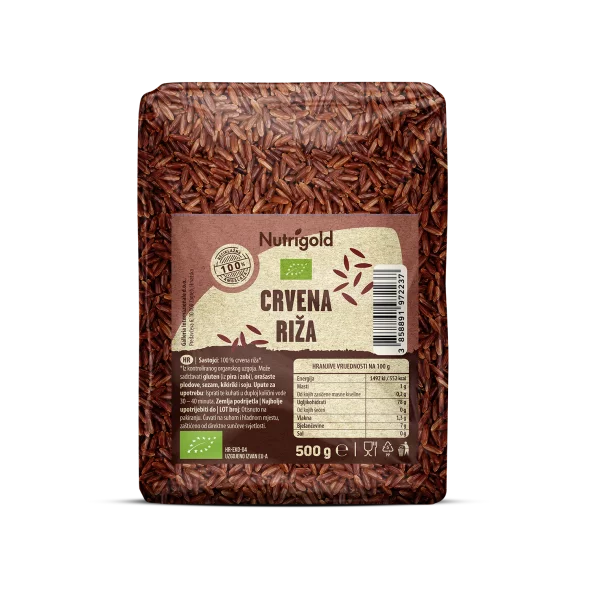 Nutrigold crvena riža u prozirnoj plastičnoj ambalaži 500g