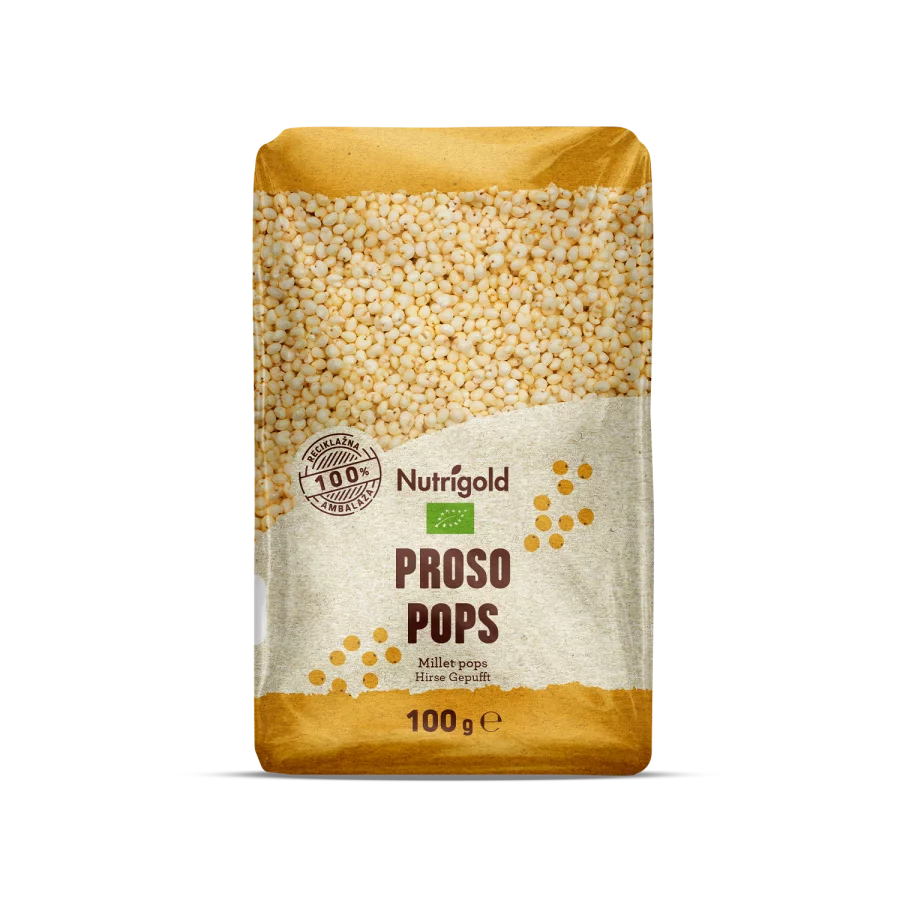 Proso pops dolazi u plastičnoj, prozirnoj ambalaži od 100g.