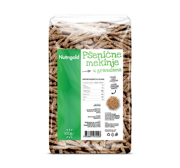 Nutrigold smeđe pšenične mekinje u prozirnoj plastičnoj ambalaži od 500 grama.